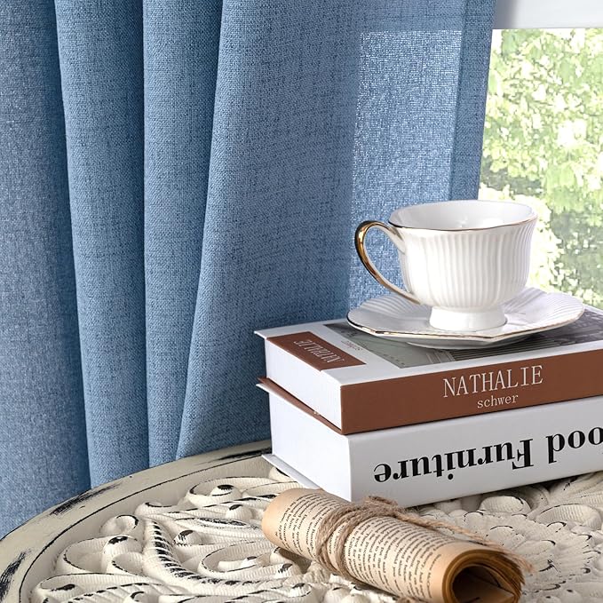 YoungsTex Blue Linen Curtains 63 Inches Long 2 Panels for Window - Textured Short Light Filtering Drapes with Bronze Grommet for Living Room Bedroom Privacy Lightweight, 42 x 63 Inch