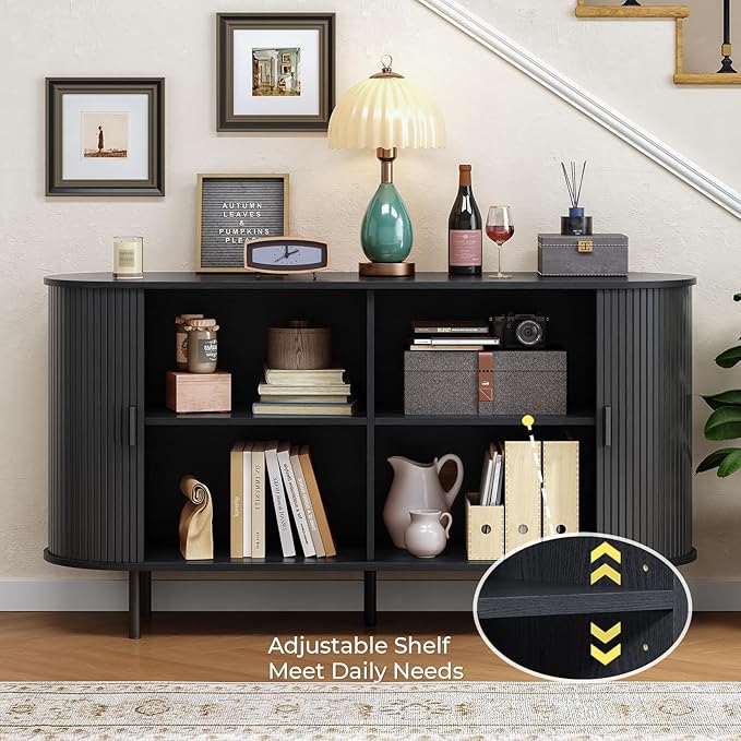 Buffet Cabinet with Storage, Fluted Sideboard Buffet with Sliding Door, Coffee Bar Cabinet with Adjustable Shelf, Console Table, Accent Table for Entryway, Kitchen (Black, 55 Inch)