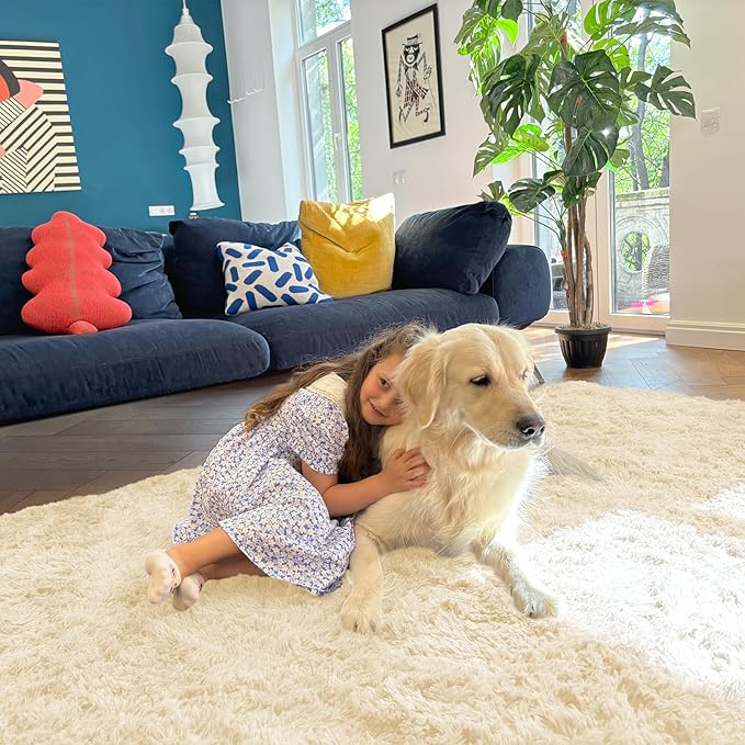 OLANLY 3x5 Machine Washable Small Bedside Rug, Soft Fluffy Shaggy Rugs for Living Room, Bedroom, Indoor Floor Carpet for Kids Girls and Boys, Preppy Dorms, Nursery, Home Decor Aesthetic, Cream