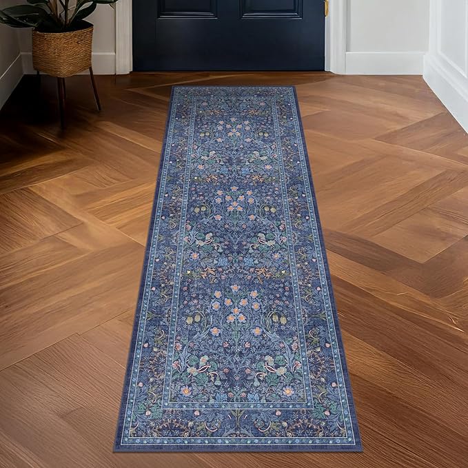 Non Slip 2x6 Dark Blue Kitchen Runner Rug - Long Runner Rugs 24 x 72 Washable Hallway Floor Mat, Bedroom Laundry Room Bathroom Runner - Dusky Navy Vintage Floral Design Décor