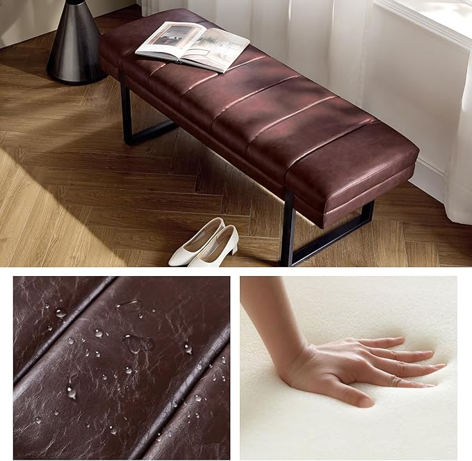 HULALA HOME 53" Faux Leather Entryway Bench, Button Tufted End of Bed Bench Ottoman for Bedroom, Living Room with Metal Base,Brown
