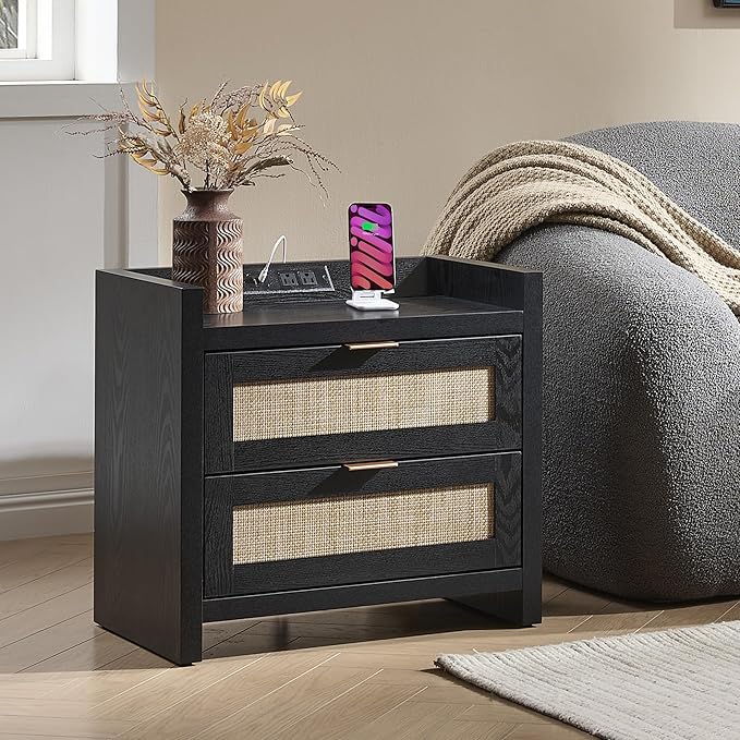 SICOTAS Black Nightstands Set of 2 Bed Side Table - Boho Night Stand End Table with Type-C Charging Station, 2 Rattan Decor Drawers Storage Cabinet Night Stands for Bedroom, Black Oak