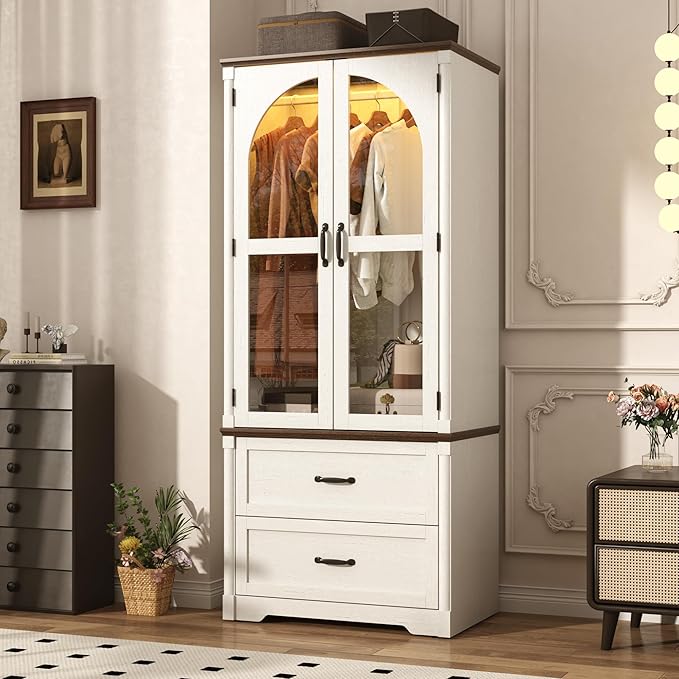 Tall Farmhouse 2 Doors Armoire Wardrobe Closet with LED ,72" Freestanding Arched Wardrobe Closet Cabinet for Bedroom w Glass Doors/Drawers,Wooden Clothing Storage Cabinet,Closets for Bedroom(White)