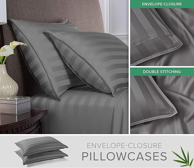 Pure Bamboo King Sheets, Genuine 100% Organic Viscose Derived from Bamboo Bed Sheet Set, Luxuriously Soft & Cooling, Double Stitching, 2 Year Quality Promise (King, Jacquard Stone)