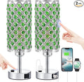 Hong-in Green Crystal Lamp Touch Control Set of 2, Crystal Table Lamps with USB C+A Ports & AC Outlet, 3-Way Dimmable Nightstand Touch Lamp, Modern Bedside Table Lamp for Bedroom(Bulbs Included)