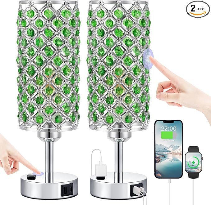 Hong-in Green Crystal Lamp Touch Control Set of 2, Crystal Table Lamps with USB C+A Ports & AC Outlet, 3-Way Dimmable Nightstand Touch Lamp, Modern Bedside Table Lamp for Bedroom(Bulbs Included)