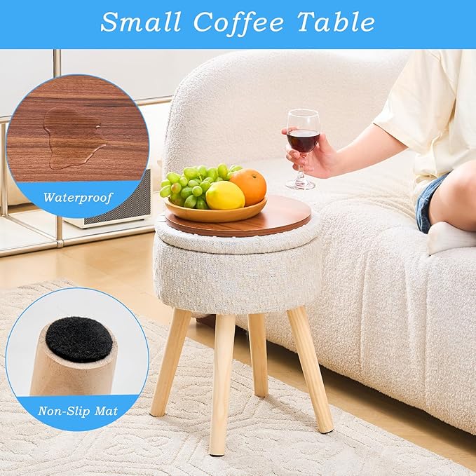 Mxfurhawa Storage Ottoman Velvet Round Vanity Stool Tray Top Modern Foot Stool with Wood Legs Multifunctional Upholstered Foot Ottoman Rest for Living Room, Bathroom