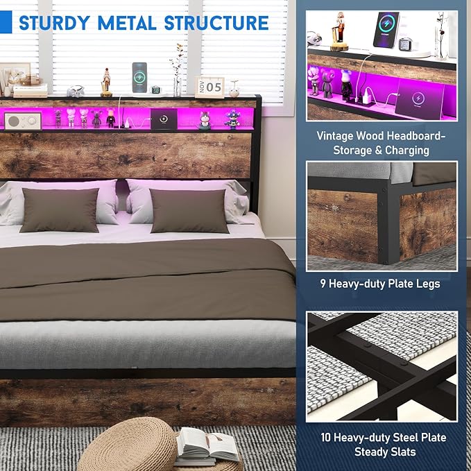 Full Size Lift Up Storage Bed Frame with Charging Station, 2 Tier Wood Storage Headboard with Led Lights, Heavy Duty Metal Slats Support/Hydraulic Storage/Noise-Free/Brown