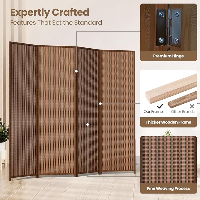 4 Panel Room Divider and Extra Wide Folding Privacy Screen, 63" W x 67" H, Bamboo Room Divider for Room Separation.