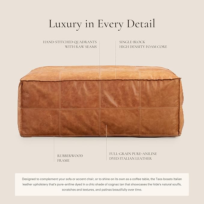 POLY & BARK Taos Ottoman – 37" Square Pouf with Feather-Down Topper – Full-Grain Leather Upholstered Pouf Ottoman for Living Room – Vintage Italian Leather in Cognac Tan