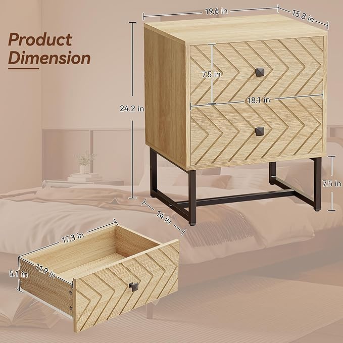 Modern Nightstand with Two Storable Drawers,Sturdy Bedside Table Space-Saving Night Stand with Black Metal Legs for Bedroom,Oak
