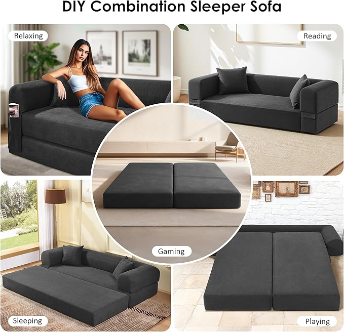 80" Convertible Sofa Bed, 3-in-1 Corduroy Folding Pull Out Couch with Pillows, No Assembly Modern Boneless Couch Compression Sofa in Box, Floor Sofa with Side Storage Pocket for Living Room,Dark Grey