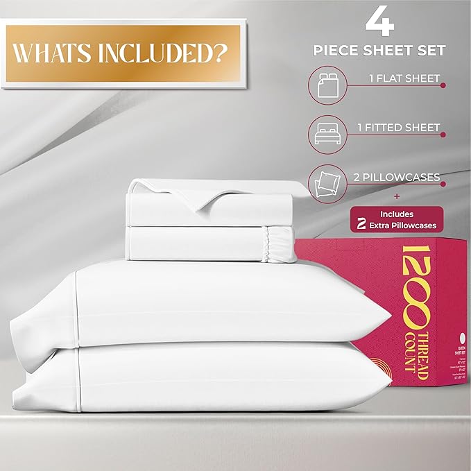 Mayfair Linen 100% Egyptian Cotton Queen Sheet Set - Luxury 1200 High Thread Count Egyptian Cotton Sheets Queen Size (4 PC, White), Silky Soft, Cooling, 17" Deep Pocket Sateen Weave Hotel Bedding