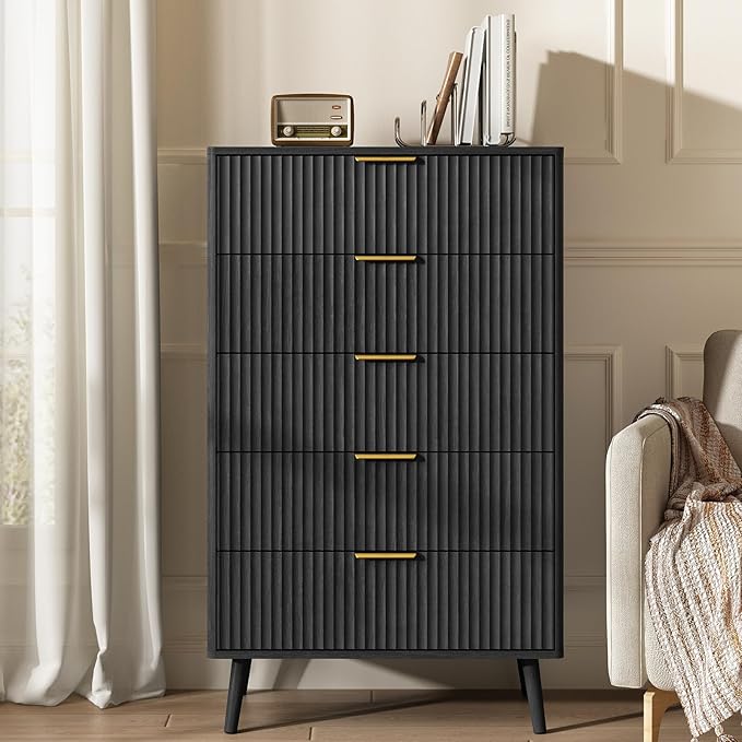 CARPETNAL Fluted 5 Drawers Dresser for Bedroom, 45" Tall Wooden Chest of Drawers with Rounded Corners, Gold Handles, Modern Storage Organizer for Bedroom, Hallway (Black)
