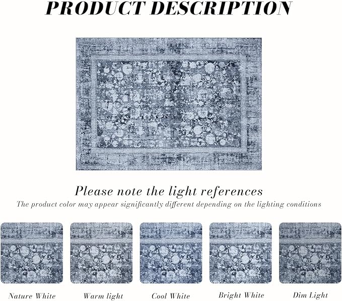 Area Rug 8×10, Large Vintage Boho Rug,Ultra-Soft Low Pile, Washable, Non Slip,Stain Resistant, Printed Carpet for Living Room Bedrooms Playroom Office Kitchen, Stone/Blue