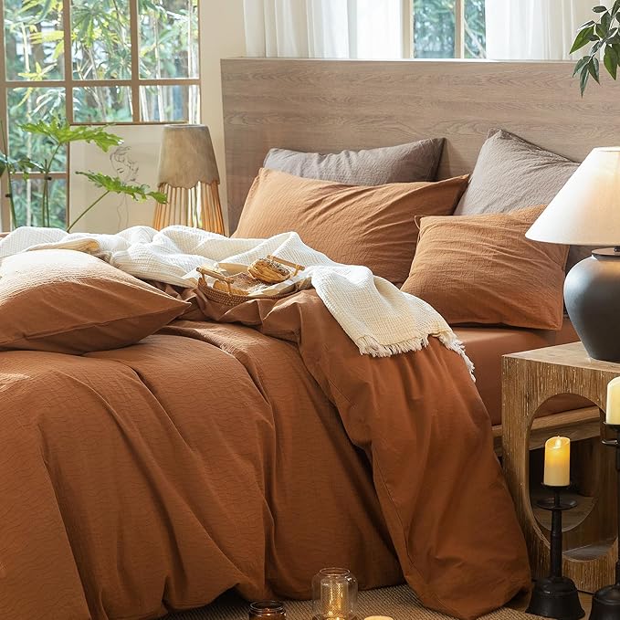 MooMee Wavy Striped Duvet Cover Set 100% Washed Cotton Linen Like Textured Breathable Durable Soft Comfy (Dark Orange, Palatial King/Oversized King 120"x98")