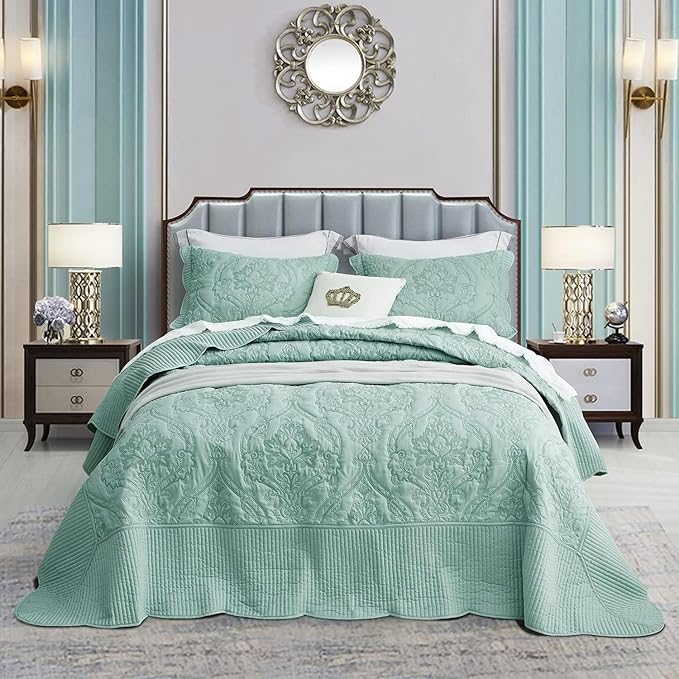 CHIXIN Oversized King Bedspread 128x120 Extra Wide - Lightweight Bedding Cover - Beautiful Stitching - 5 Piece Reversible Bedspread - Gorgeous Damask Paisley Pattern (King/Cal King, Seaglass)