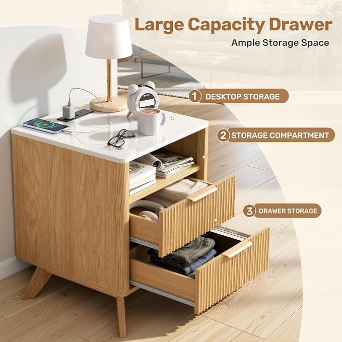Modern Nightstand Set of 2, Bedside Tables with Charging Station & Drawer, Mid-Century End Tables for Bedroom, Sturdy Storage Side Tables,Natural Oak