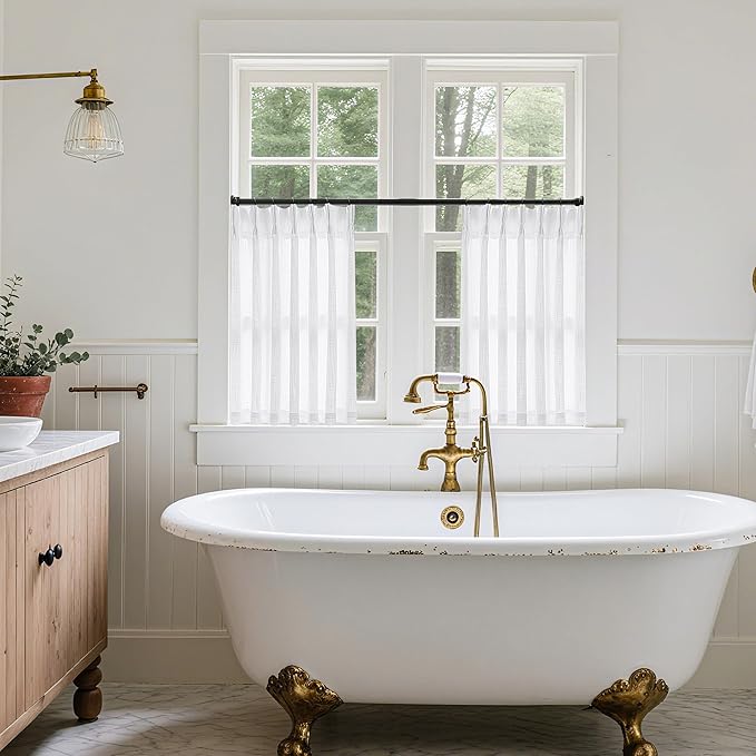Pleated White Linen Cafe Curtains 30 Inch Length 2 Panels Privacy Light Filtering Semi Sheer Front Door Small Window Boho Farmhouse Pinch Pleated Short Curtains for Bathroom Kitchen Basement