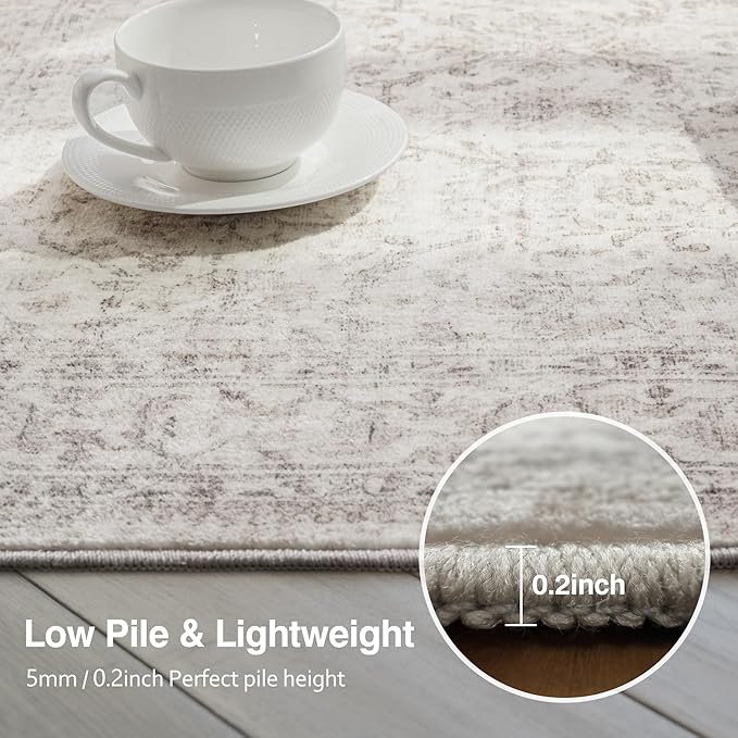 FMFUNCTEX 4x5 Washable Area Rug Neutral Vintage Beige Non Slip Low Pile Traditional Indoor Carpet for Entryway Living Room Bedroom Soft Retro Floral Mat Throw Rug for Dining Office Kitchen Entryway