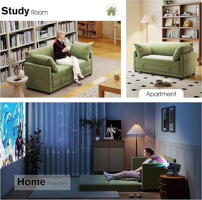 65" Loveseat Sleeper Sofa Bed, Chenille Convertible Floor Sofa Bed for Small Spaces, Folding Couch Bed with Deep Seat, 2 Pillows & Solid Frame, Pull Out Floor Couch for Living Room, Green