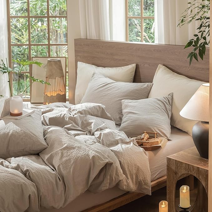 MooMee Wavy Striped Duvet Cover Set 100% Washed Cotton Linen Like Textured Breathable Durable Soft Comfy (Beige, Super King Plus 120"x120")