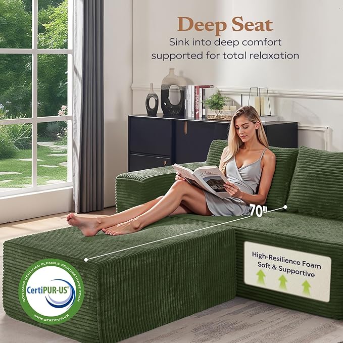 136" Modular Sectional Sofa with L-Shape Chaise, Right/Left Facing Deep Seat Cloud Couch, No Assembly Required, Upholstered Couch for Living Room Bedroom (Green, Plush Corduroy Fabric)