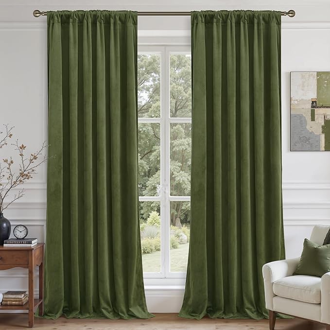 LAMIT Sage Green Velvet Curtains 120 Inch for Living Room, Vintage Thermal Room Darkening Panels Back Tab and Rod Pocket Noise Reducing Drapes for Bedroom/Farmhouse, 2 Panels, 52 x 120 Inch