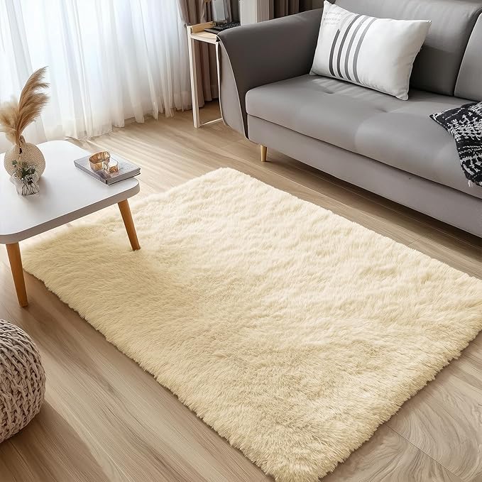 OLANLY 3x5 Machine Washable Small Bedside Rug, Soft Fluffy Shaggy Rugs for Living Room, Bedroom, Indoor Floor Carpet for Kids Girls and Boys, Preppy Dorms, Nursery, Home Decor Aesthetic, Cream