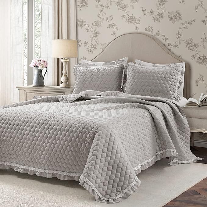 Lush Decor Ella Ruffle Lace Quilt, 3 Piece Set, King, Light Gray - Cute Quilt - King Bedding Set - Gray Bedding - Coquette Decor - Ruffle Trim - Lace Trim