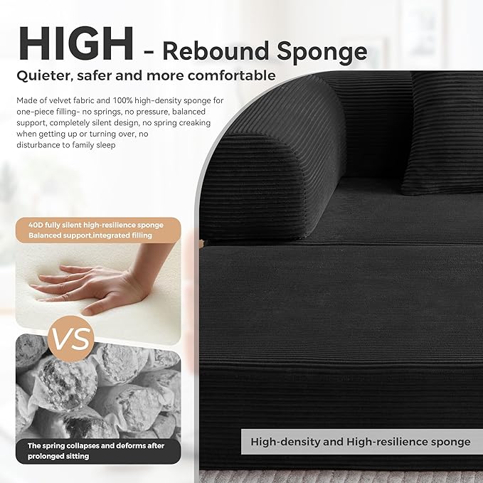 Upgrade High Backrest Design Sofa Bed with Fixed-Shape Frame & Removable Armrests and Backrest, Corduroy Fabric, Convertible Mattress Couch for Small Spaces - No Assembly Needed (High Backrest Black)