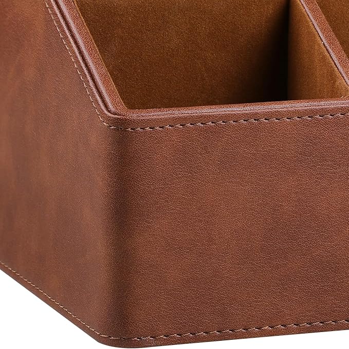 MEIBOOCH PU Leather Desk Organizer, Luxury Remote Control Holder for Home, Office Desk Accessories Table Caddy Bedside Nightstand Organizer (Brown)