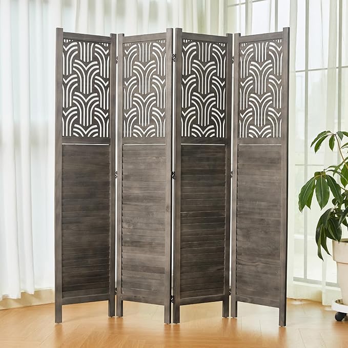 Svimi Folding Room Divider, 66.9 Inch 4 Panels Wood Carved Privacy Screens, Free Assembled Freestanding Portable Separation Wall for Home Office Restaurant Bedroom (Gray)
