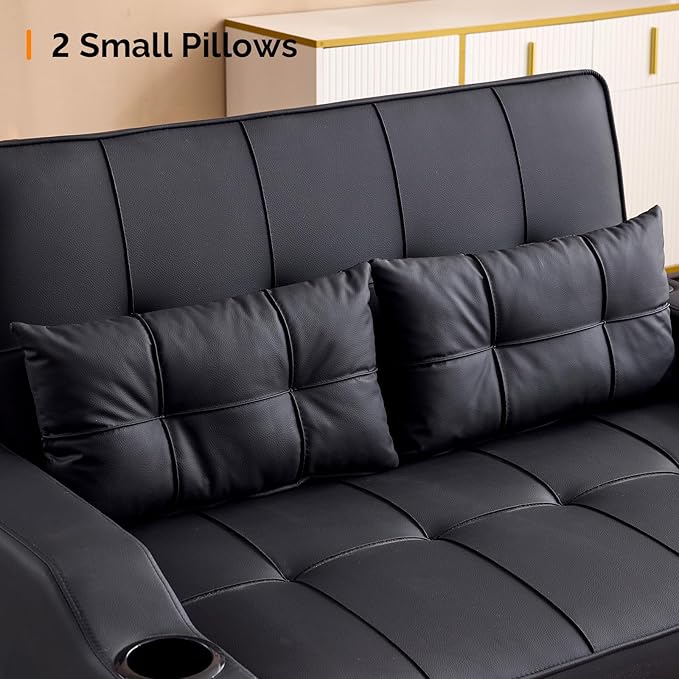 VINGLI Black Futon Sofa Bed Convertible Loveseat Sleeper Couch, Faux Leather Pullout Sofa Fold Out Couch Bed with USB Ports, Cup Holders, Armrest for Living Room, Bedroom Apartment Room