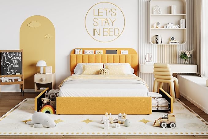 Jojoka Full Bed Frame with Storage Headboard and 2 Drawers, Boucle Upholstered Platform Bed, Modern Kids Full Bed Frames for Small Rooms, No Box Spring Needed, Easy Assembly, Yellow
