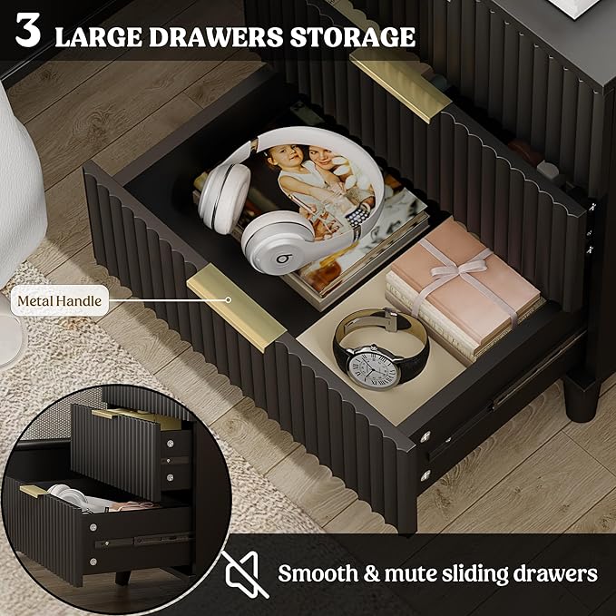 Lulive Wood 3 Drawers Dresser Fluted Night Stand with Charging Station, Natural Nightstand 3 Storage Drawers Dresser Modern Side Table, Bedside Table for Bedroom