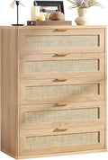 LEYAOYAO Rattan Dresser for Bedroom, 41" Tall Chest of Drawers, Modern 5 Drawers Boho Dressers with Storage, Light Oak Dresser Wooden Closet Organizer for Living Room, Hallway, Natural Wood