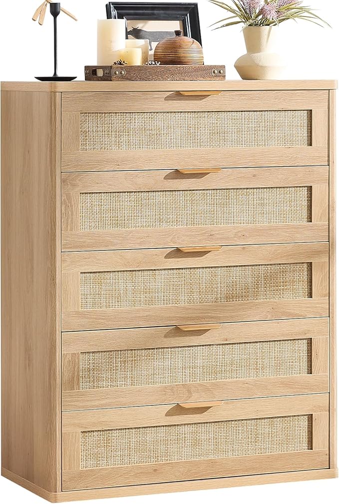 LEYAOYAO Rattan Dresser for Bedroom, 41" Tall Chest of Drawers, Modern 5 Drawers Boho Dressers with Storage, Light Oak Dresser Wooden Closet Organizer for Living Room, Hallway, Natural Wood