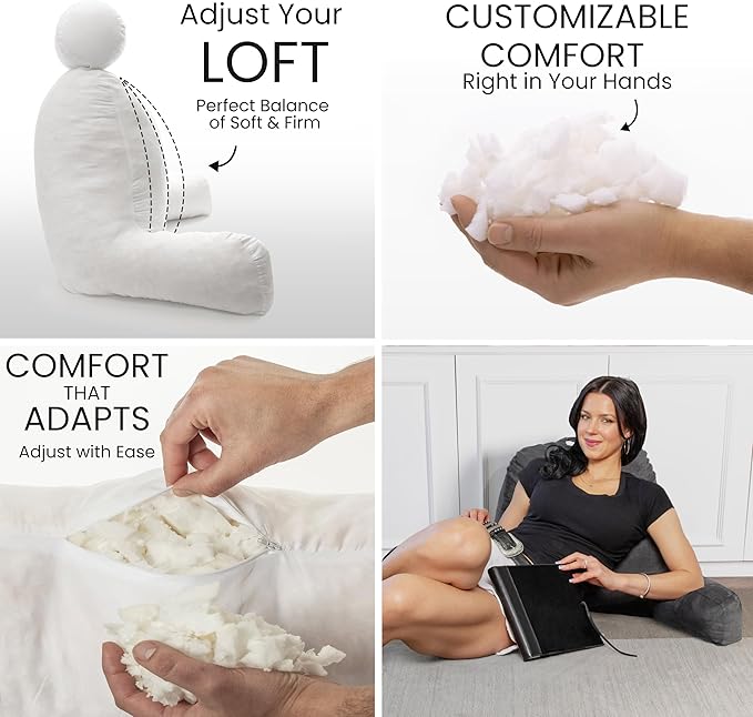 Husband Pillow Aspen Iron Grey, Reading Pillow Bed Rest Chair, Two-Sided Reversible Fabric, Large Lounge Cushion Adult Backrest with Arms, Comfy Back Support for Sit Sitting Up, Wash/Removable Cover