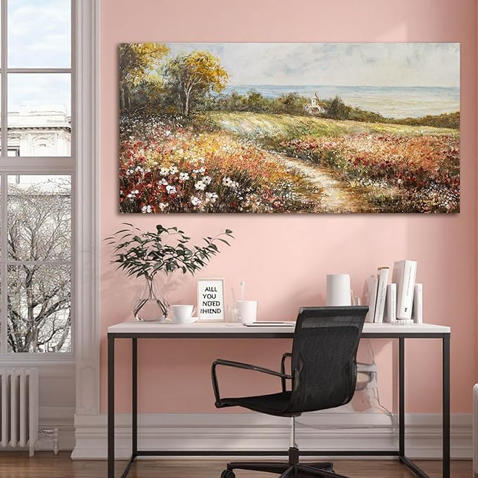 YETHEN WAL Floral Wildflower Meadow Wall Art – Countryside Cottage Landscape Canvas Print, Rustic Farmhouse Coastal Décor for Hallway Living Room Bedroom, 20×40 Inch