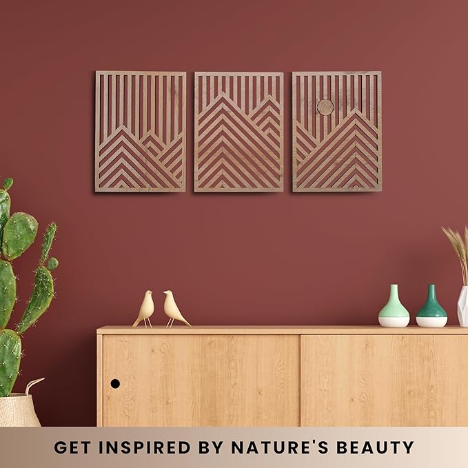 qmmp Modern Wooden Wall Sculptures - Set of 3 - Home Decor Accent - Large Wall Art for Living Room, Bedroom, Office - Easy Installation (Oak, Medium - Mountain and Sun)