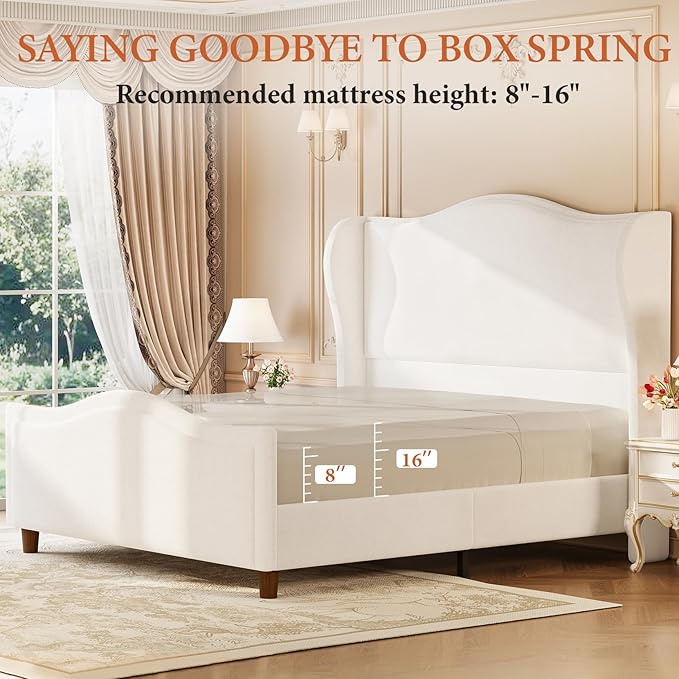 koorlian King Size Bed Frame Chenille Fully Upholstered Bed with Headboard and Footboard, 51" High Tufted Wingback Sleigh Upholstered Platform Bed, Modern Retro Minimalist Style, Easy Assembly, Cream
