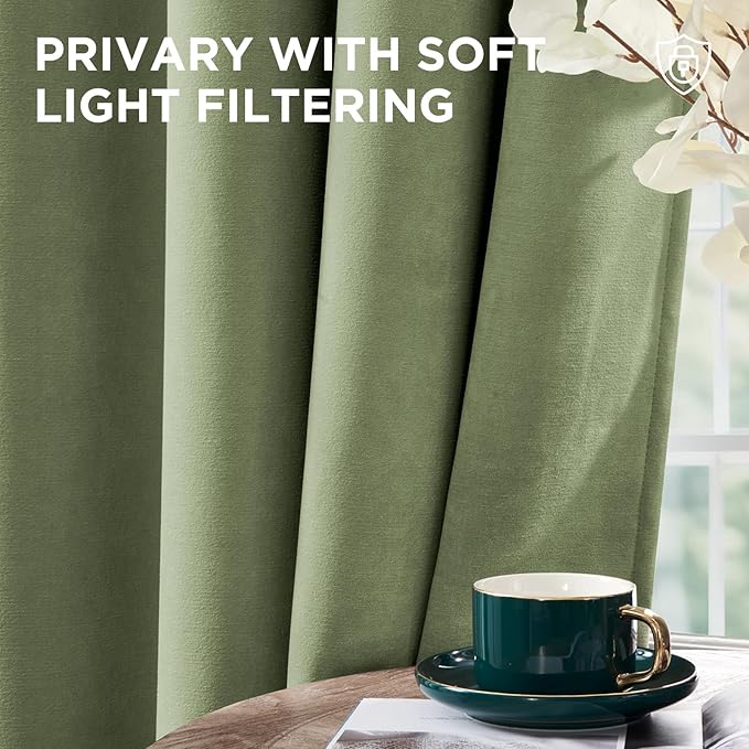 Joydeco Coconut Green Velvet Curtains 72 Inches 2 Panels, Luxury Thermal Insulated Soft Green Curtains for Bedroom & Living Room, Room Darkening Velvet Drapes, Rod Pocket (52W x 72L)