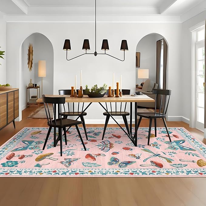 Mushroom Insect 8x10 Area Rugs, Washable Rugs for Living Room Non Slip Stain Resistant Low Pile Modern Butterfly Carpet for Bedroom Dining Room Nursery Playroom Office, Pink