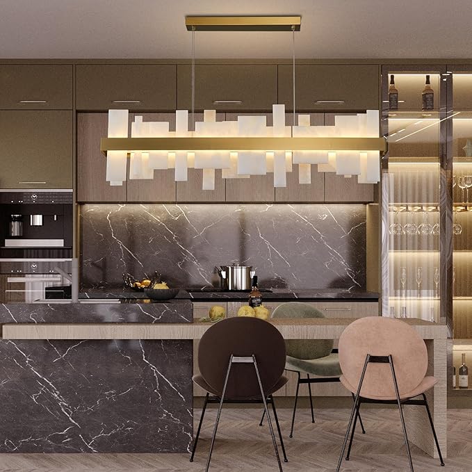 Alabaster Rectangle Chandelier, Natural Spanish Stone Texture Chandeliers, 46.8" Adjustable Alabaster Chandelier Over Table for Dining Room, Bedroom, Island– Modern Luxury Ceiling Lighting