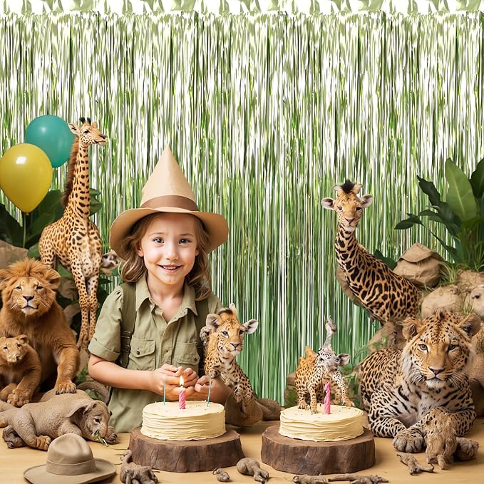 GOER 3.2 ft x 8.2 ft Metallic Tinsel Foil Fringe Curtains Party Photo Backdrop Party Streamers for Birthday,Graduation,New Year Eve Decorations Wedding Decor (3 Pcs,Sage Green)