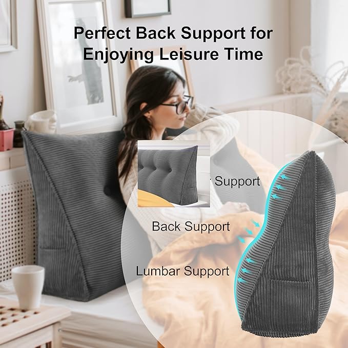 WOWMAX Triangular Headboard Pillow Twin Dorm Headboard Twin XL Bed Wedge Pillow Bolster for Bed with Removable Cover, Corduroy Grey