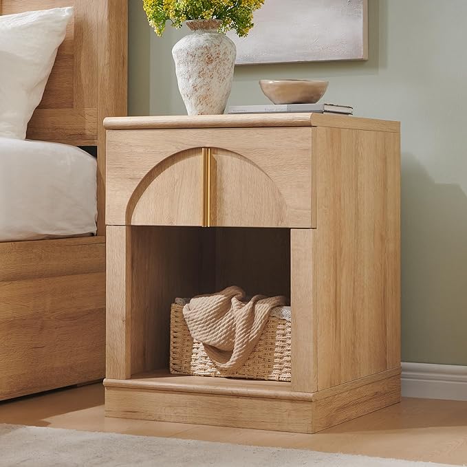 ACCOHOHO Modern Night Stand Set 2 with Arched Panel,18" Wooden nightstand with Charging Station,Bedside Table with Drawer Storage,Side End Table with Open Shelf for Bedroom,Living Room,Natural Oak