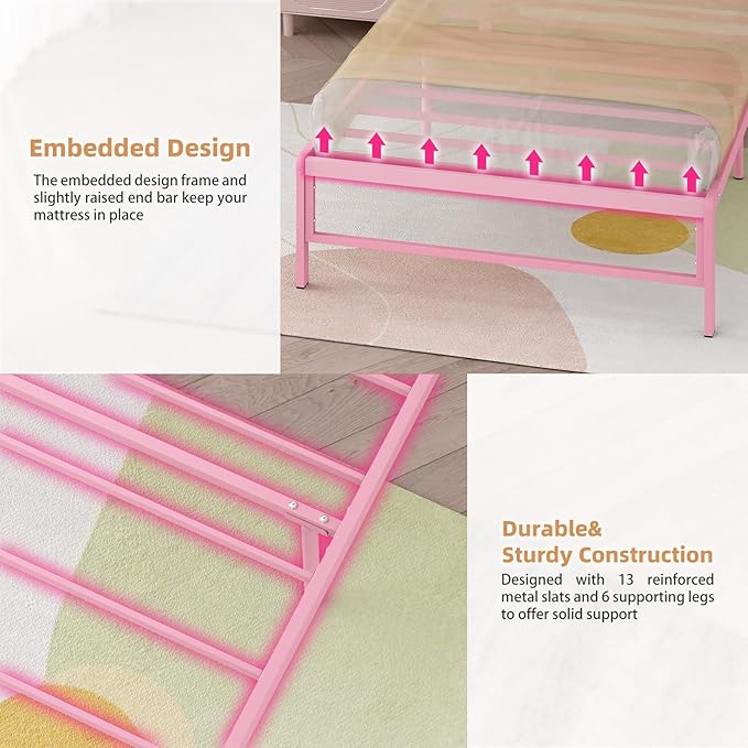 Twin Bed Frames with Charging Station, 2 Tiers Storage Headboard Twin Sized Bed No Box Spring Needed Heavy Duty Metal Platform for Girls, Pink
