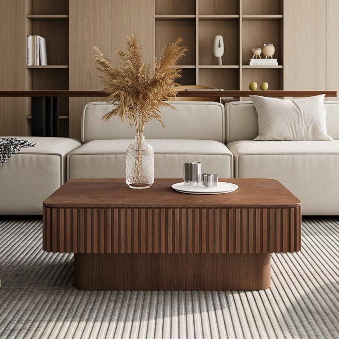 LKTART Lift Top Coffee Table for Living Room, Accent Fluted Coffee Table with Storage, Modern Solid Wood Veneered Rectangle Center Tea Table for Small Space Apartment (38.6''D×14''H-Walnut)